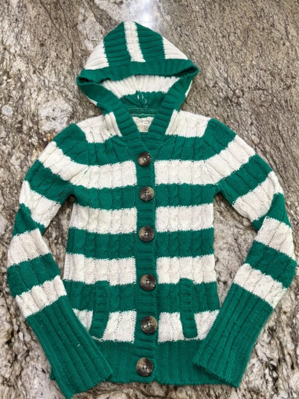 Y2K Aeropostale Green and white striped hooded cardigan sweater